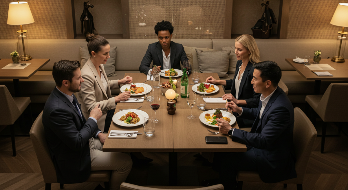 A photo showing people at a restaurant for a business meal