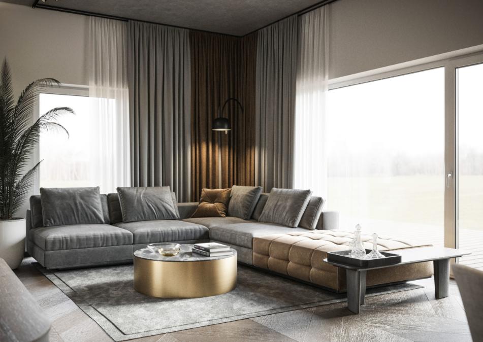 salon avec des meubles stylés et du linge de maison luxueux